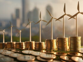 Coins stacked in the foreground with miniature wind turbines on top, symbolizing investment in clean energy against a blurred city skyline at sunset.