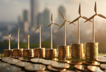 Coins stacked in the foreground with miniature wind turbines on top, symbolizing investment in clean energy against a blurred city skyline at sunset.