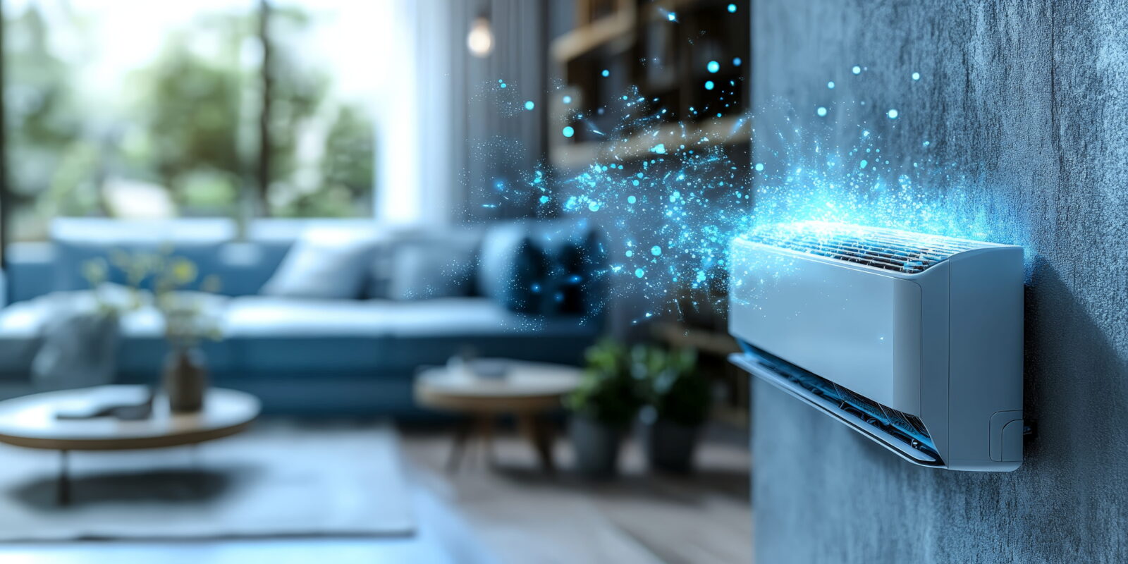 Wall-mounted air conditioner unit on a living room wall with blue energy particle effect emerging from vent, suggesting cooling.