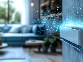 Wall-mounted air conditioner unit on a living room wall with blue energy particle effect emerging from vent, suggesting cooling.