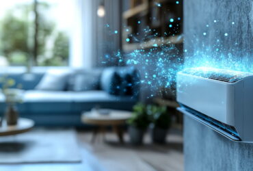 Wall-mounted air conditioner unit on a living room wall with blue energy particle effect emerging from vent, suggesting cooling.