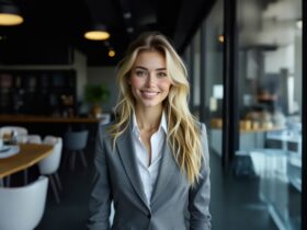 Smiling blonde businesswoman in a gray blazer and white shirt standing in a modern office cafe near glass walls.