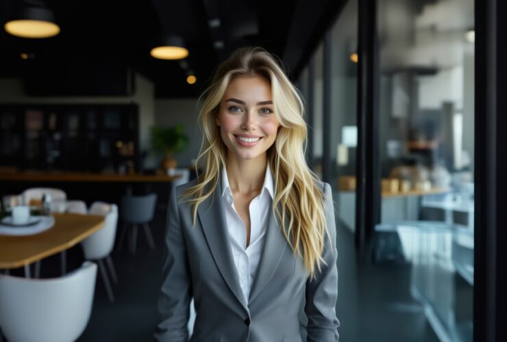 Smiling blonde businesswoman in a gray blazer and white shirt standing in a modern office cafe near glass walls.