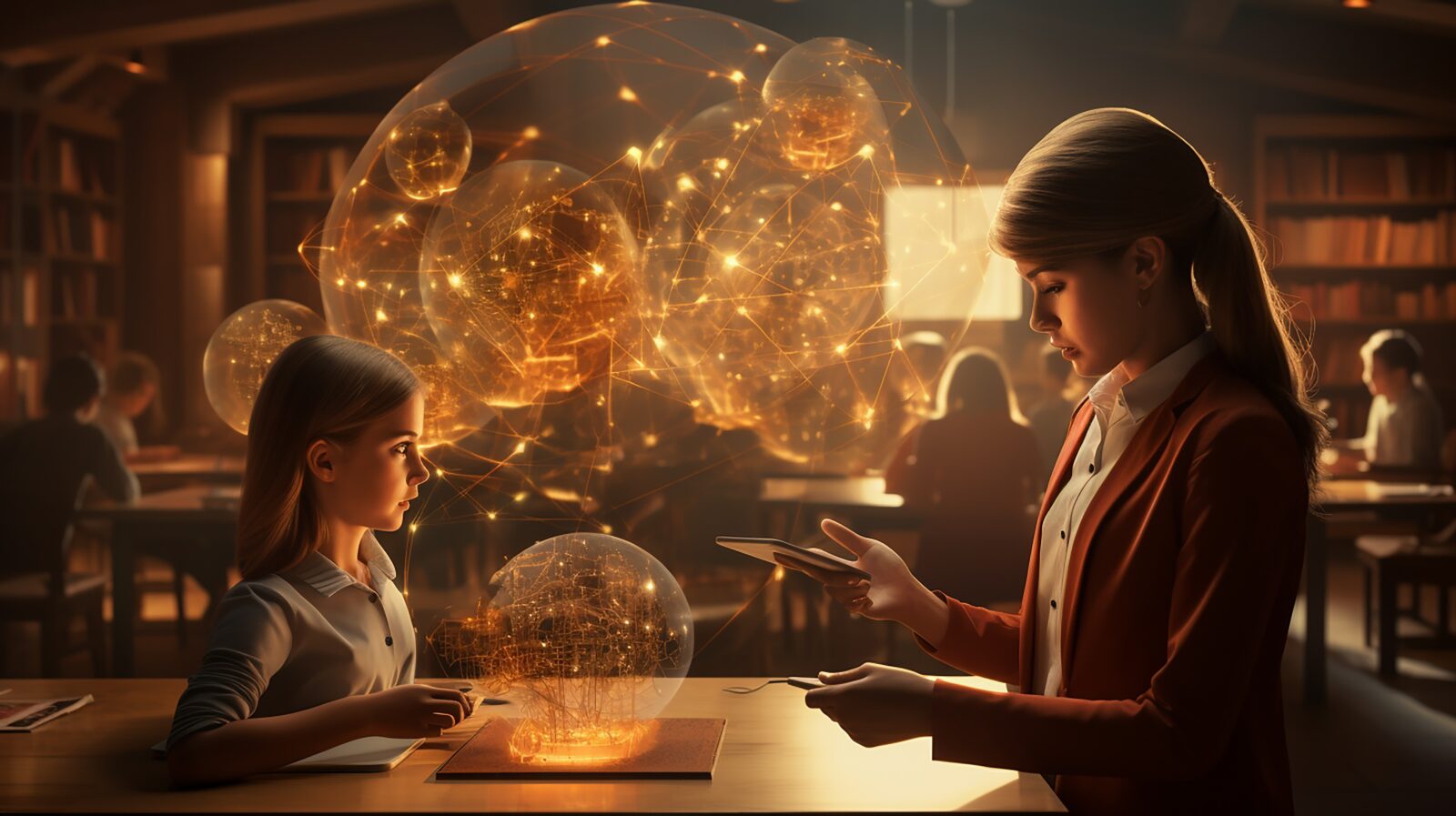 Two people in a library examine a glowing orange holographic network sphere connected by luminous lines at a table in warm light.