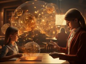 Two people in a library examine a glowing orange holographic network sphere connected by luminous lines at a table in warm light.