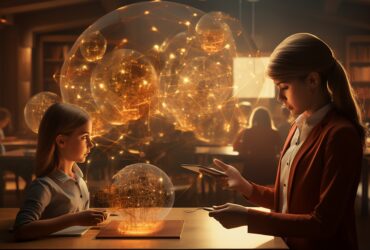 Two people in a library examine a glowing orange holographic network sphere connected by luminous lines at a table in warm light.
