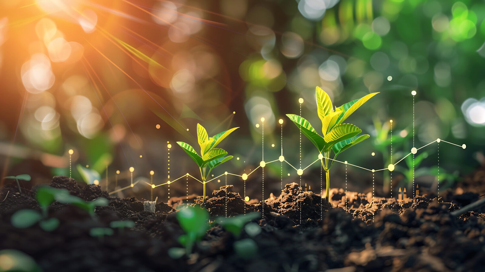 Young green sprouts rising from soil with a glowing, abstract data graph of dots and lines overlaying the scene.