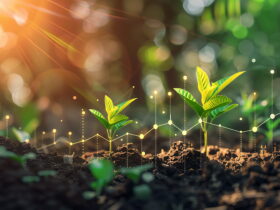 Young green sprouts rising from soil with a glowing, abstract data graph of dots and lines overlaying the scene.