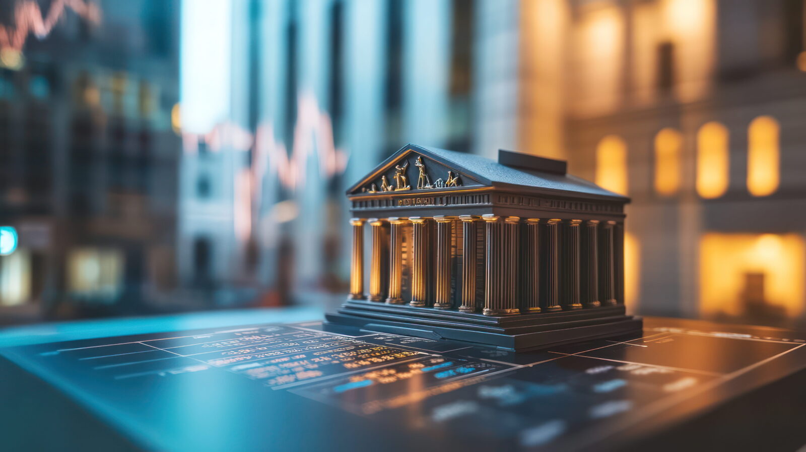 Bronze miniature classical temple model on a dark desk with blurred city lights in the background.