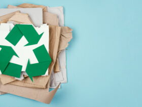 Pile of paper scraps and cardboard with a large green recycling symbol on top against a blue background, conveying recycling theme.