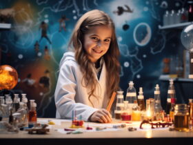 Smiling girl in a white lab coat works at a science bench with colorful liquids in glass bottles and beakers around her.