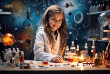 Smiling girl in a white lab coat works at a science bench with colorful liquids in glass bottles and beakers around her.