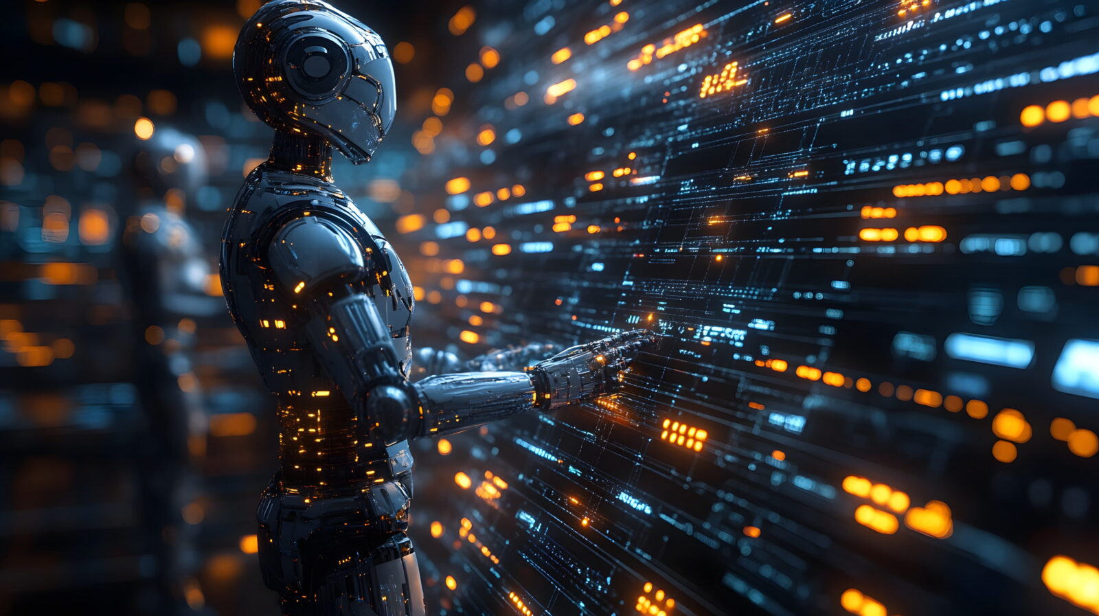 Glossy humanoid robot reaching toward glowing blue and orange data streams in a high-tech, futuristic scene