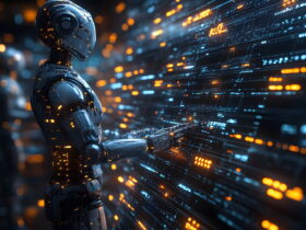 Glossy humanoid robot reaching toward glowing blue and orange data streams in a high-tech, futuristic scene