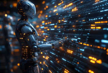 Glossy humanoid robot reaching toward glowing blue and orange data streams in a high-tech, futuristic scene