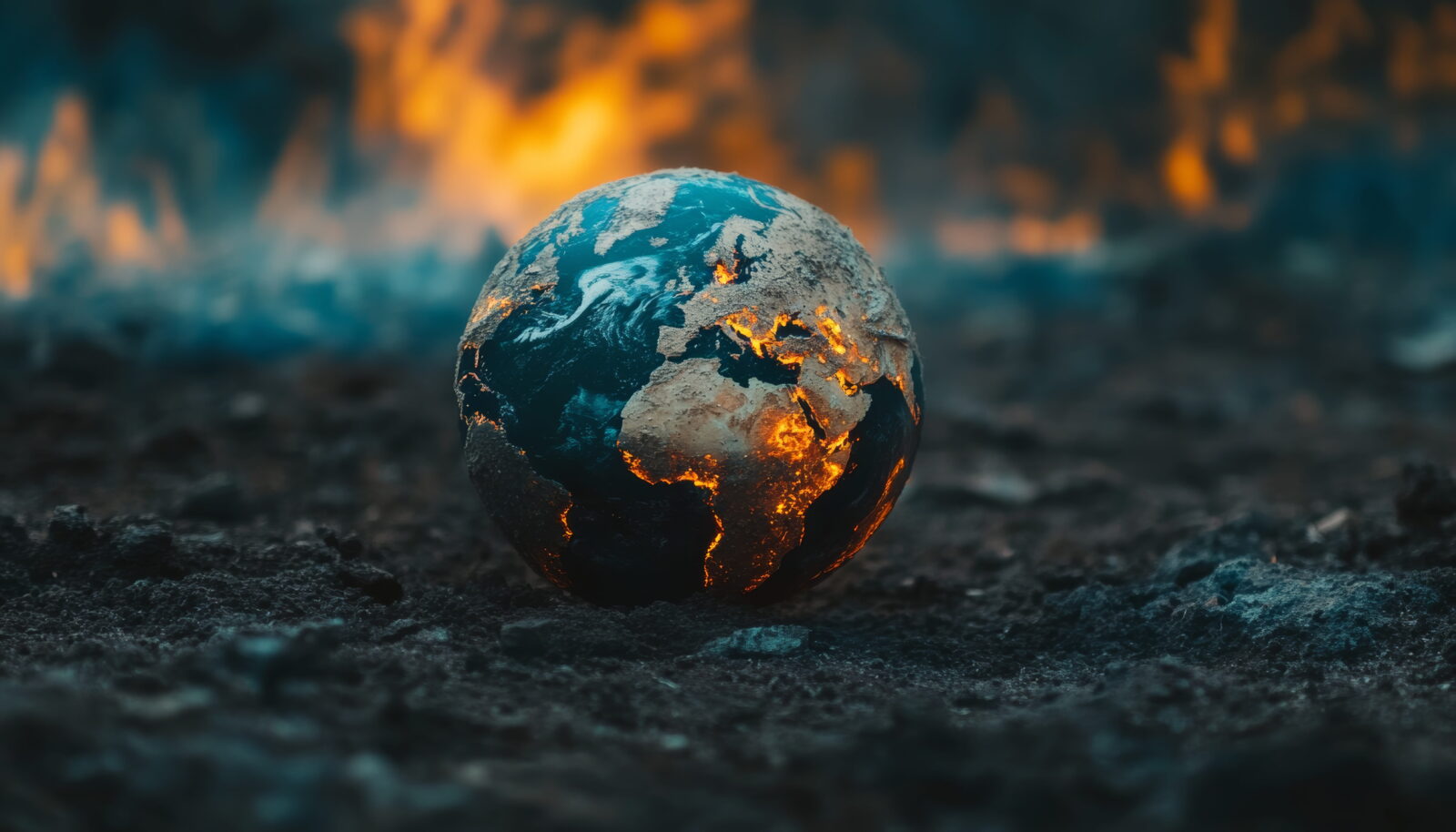 Earth globe cracked with glowing lava in fissures on scorched ground, flames in the background