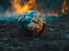Earth globe cracked with glowing lava in fissures on scorched ground, flames in the background
