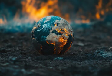 Earth globe cracked with glowing lava in fissures on scorched ground, flames in the background
