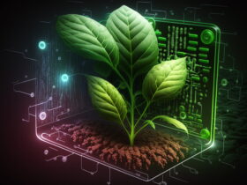 Green leaves sprout inside a glowing, transparent high-tech device filled with circuits, symbolizing biotech and technology merging