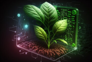 Green leaves sprout inside a glowing, transparent high-tech device filled with circuits, symbolizing biotech and technology merging