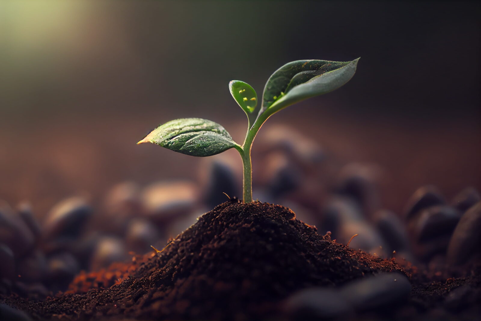 Close-up of a tiny green seedling pushing up through dark soil with a soft, blurred background and warm light.