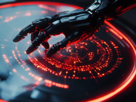 Close-up of a glossy black robotic hand above a glowing red circular digital interface with holographic details in the background, conveying futuristic tech humor.