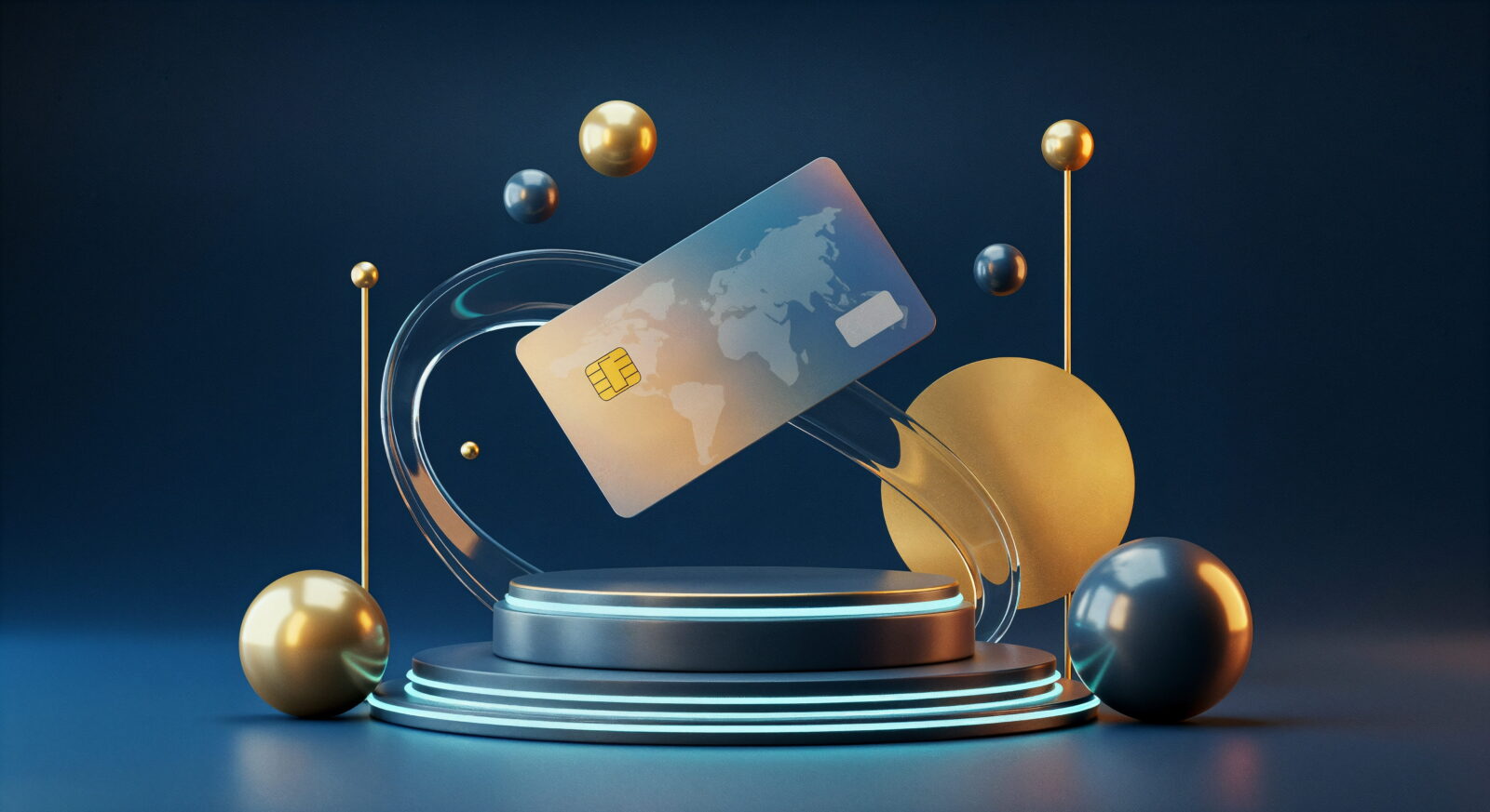 Abstract 3D scene showing a gradient card with a world map design amid gold spheres and circular rings, suggesting digital payments.