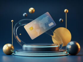Abstract 3D scene showing a gradient card with a world map design amid gold spheres and circular rings, suggesting digital payments.