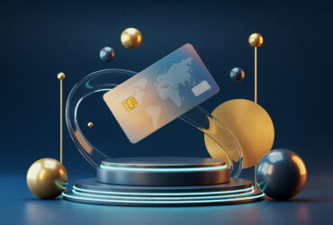 Abstract 3D scene showing a gradient card with a world map design amid gold spheres and circular rings, suggesting digital payments.