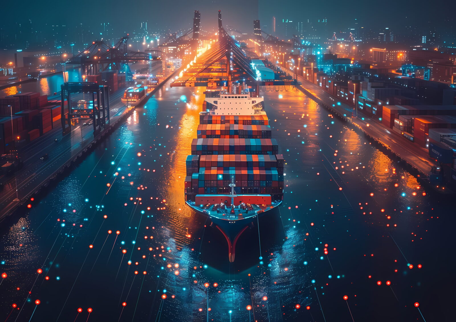 Cargo ship at a busy, futuristic container port at night, with colorful lights reflecting on the water