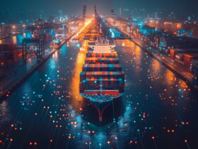 Cargo ship at a busy, futuristic container port at night, with colorful lights reflecting on the water