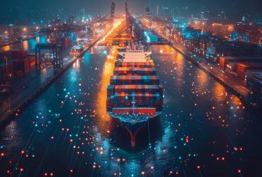 Cargo ship at a busy, futuristic container port at night, with colorful lights reflecting on the water