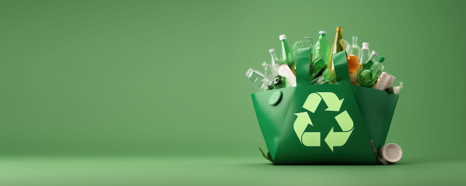 Green recycling bag full of plastic bottles and containers against a solid green background.