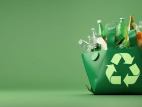Green recycling bag full of plastic bottles and containers against a solid green background.