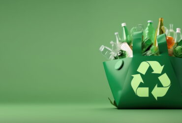 Green recycling bag full of plastic bottles and containers against a solid green background.