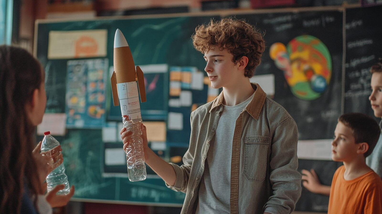 Teenager presents a homemade rocket model made from a plastic bottle and cardboard in a classroom.