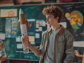 Teenager presents a homemade rocket model made from a plastic bottle and cardboard in a classroom.