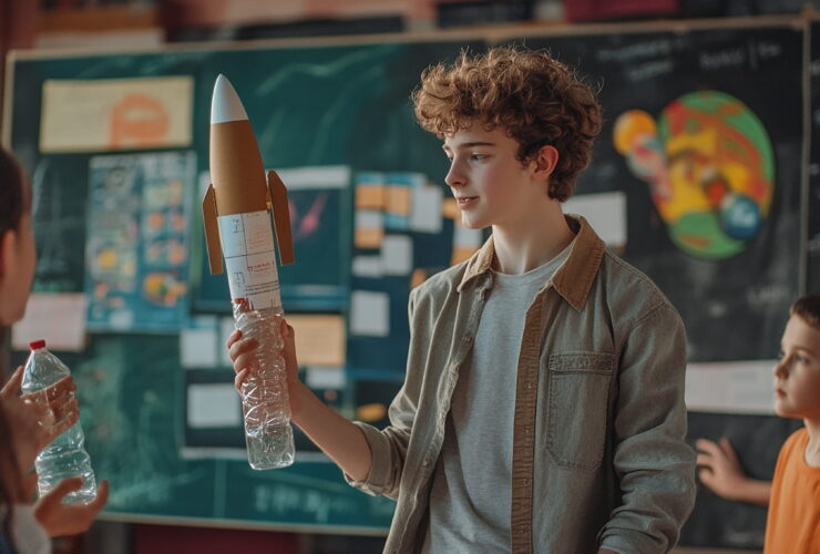 Teenager presents a homemade rocket model made from a plastic bottle and cardboard in a classroom.