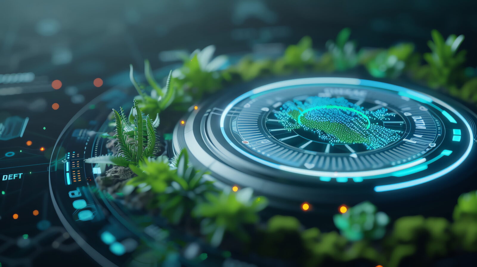 Futuristic holographic dashboard with a glowing circular interface and green plants around it.