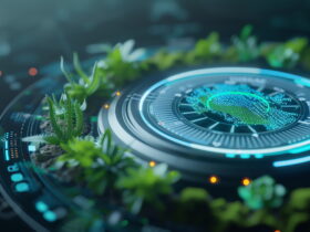 Futuristic holographic dashboard with a glowing circular interface and green plants around it.