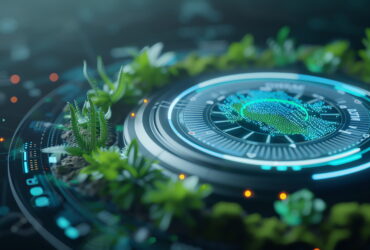 Futuristic holographic dashboard with a glowing circular interface and green plants around it.