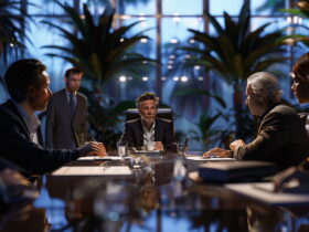 Group of professionals around a glass conference table in a corporate meeting, with indoor plants in the background.