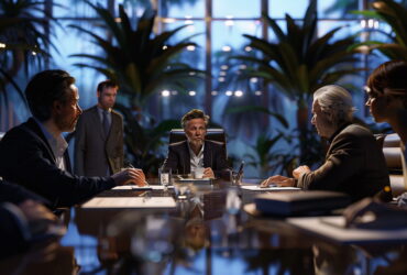 Group of professionals around a glass conference table in a corporate meeting, with indoor plants in the background.