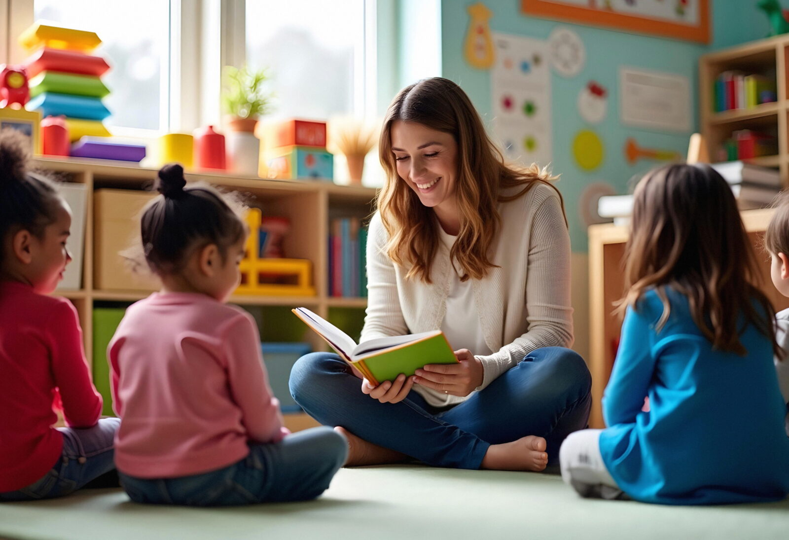 Teacher reads a colorful children's book to a small group of kids seated on the floor in a bright classroom.