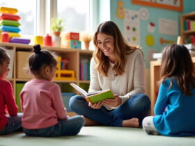 Teacher reads a colorful children's book to a small group of kids seated on the floor in a bright classroom.