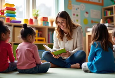 Teacher reads a colorful children's book to a small group of kids seated on the floor in a bright classroom.