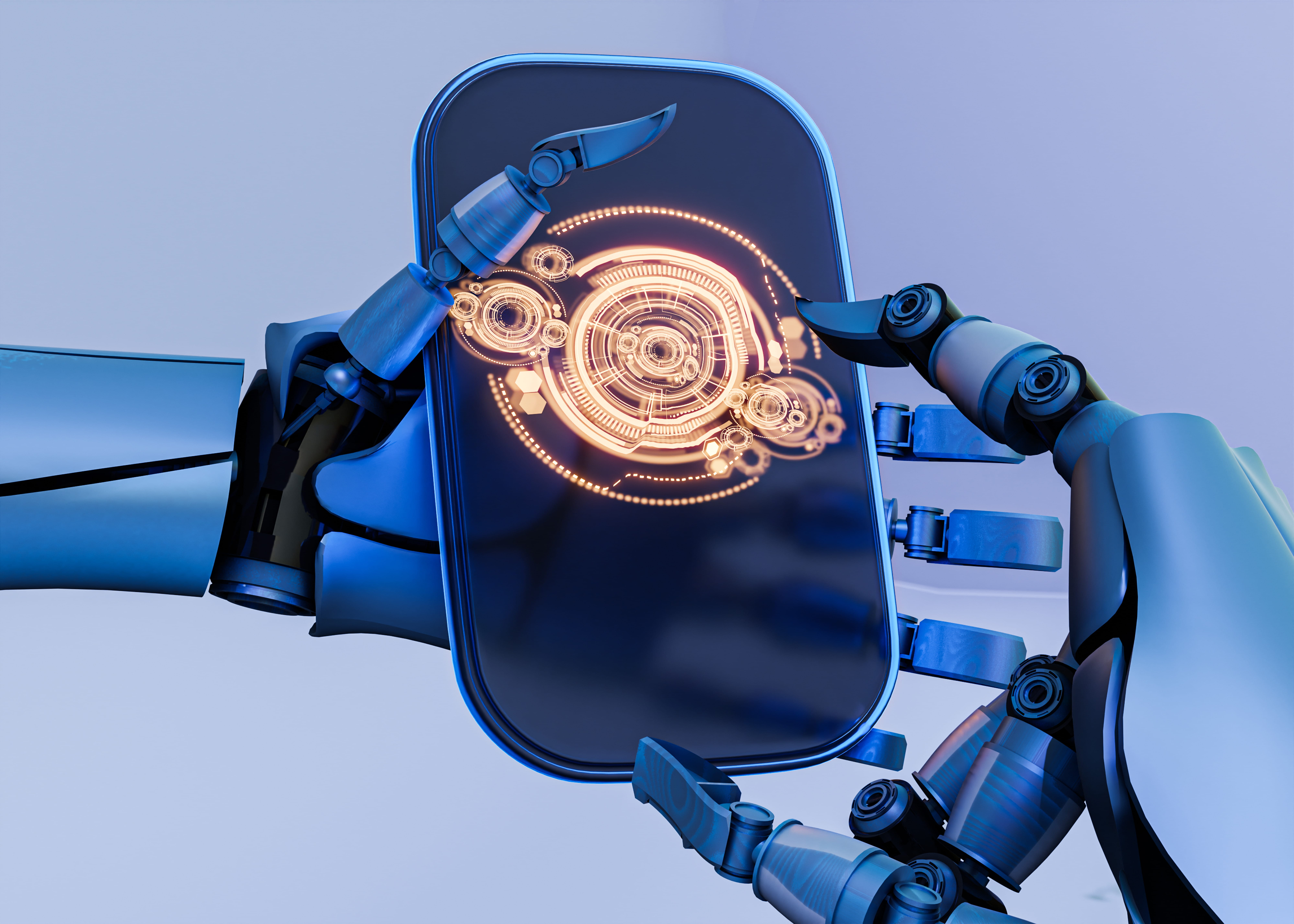 Futuristic blue robot with an illuminated neon circular holographic interface projected on its chest area, held by its arm.