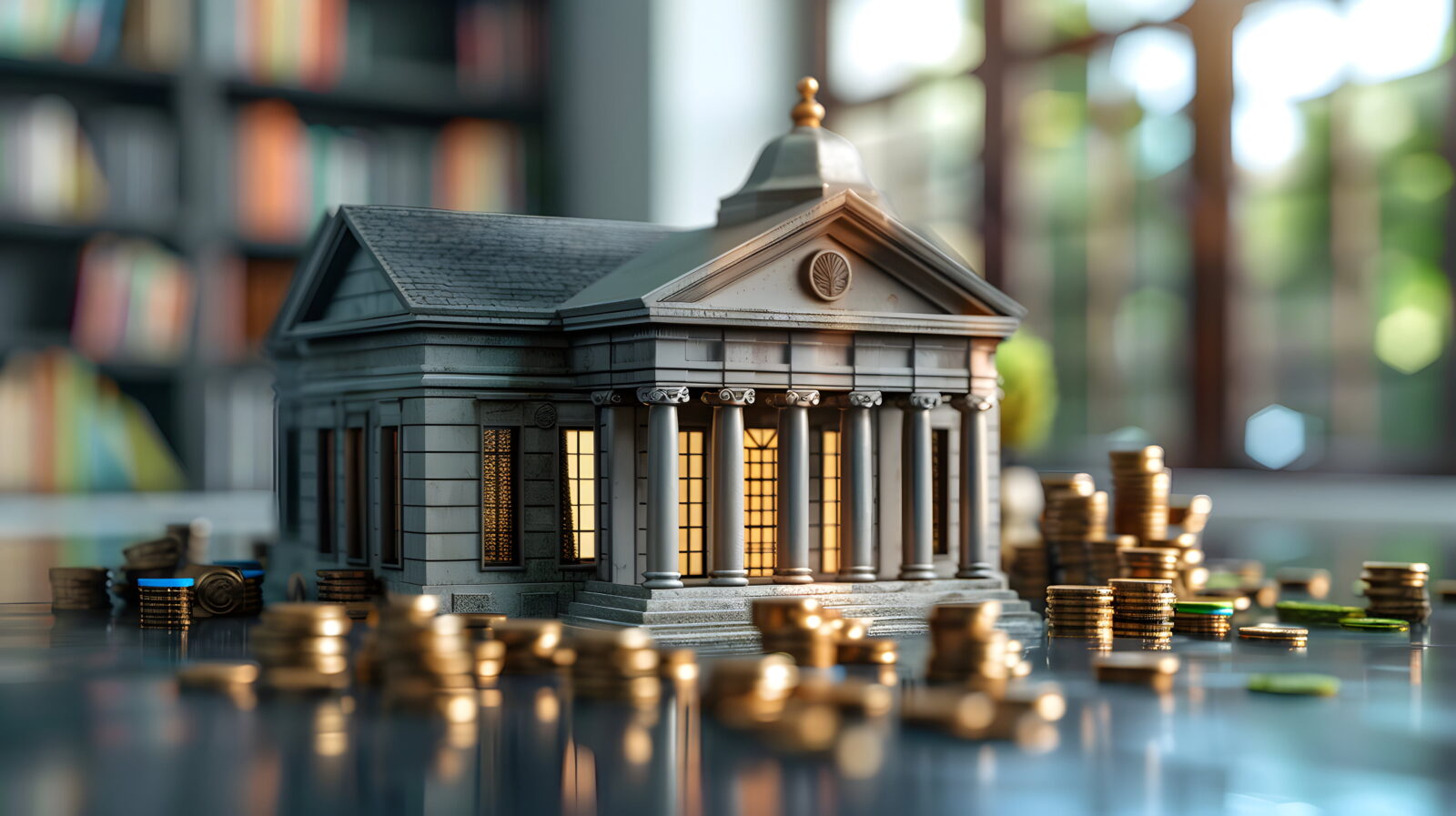 Miniature classical building with columns and a domed roof, surrounded by stacks of coins on a reflective surface.