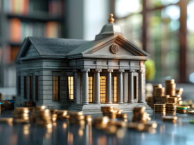Miniature classical building with columns and a domed roof, surrounded by stacks of coins on a reflective surface.