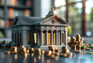 Miniature classical building with columns and a domed roof, surrounded by stacks of coins on a reflective surface.